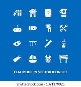 Modern, simple vector icon set on blue background with pendulum, sea, road, cell, vessel, mobile, boat, award, sport, league, mixer, building, equipment, science, ball, health, ship, office icons