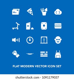 Modern, simple vector icon set on blue background with pizza, off, template, window, modern, food, fiction, space, finger, paper, white, file, sand, background, concept, uniform, lunch, plastic icons