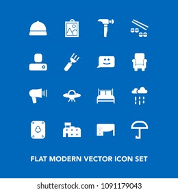 Modern, simple vector icon set on blue background with umbrella, rainy, water, construction, knife, city, architecture, rain, restaurant, picture, bedroom, image, fork, seafood, table, game, wet icons