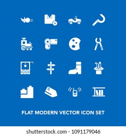 Modern, simple vector icon set on blue background with toy, communication, play, fashion, t-shirt, tag, sale, shirt, train, harvesting, boot, well, water, magic, ball, fun, telephone, price, pin icons