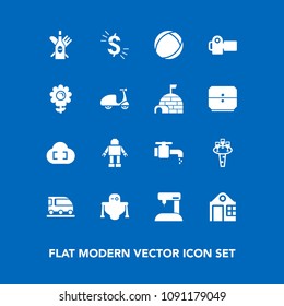 Modern, simple vector icon set on blue background with flower, transport, futuristic, technology, van, camera, photography, glass, spring, sew, house, alcohol, liquid, currency, transportation icons