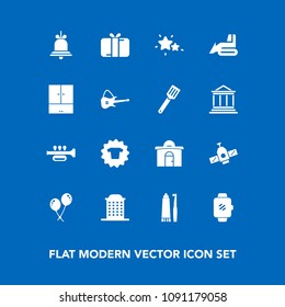 Modern, simple vector icon set on blue background with gift, dental, planet, trumpet, present, holiday, alert, health, astronomy, technology, star, clothes, space, house, box, machinery, music icons