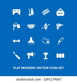 Modern, simple vector icon set on blue background with cocktail, play, megaphone, cooking, sign, truck, stationery, fitness, pen, business, broom, automobile, joystick, gym, clean, health, store icons