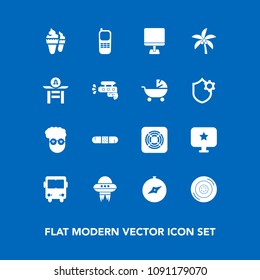 Modern, simple vector icon set on blue background with tire, car, ice, technology, computer, wheel, star, compass, map, cream, medical, food, palm, sweet, spaceship, transport, graphic, style icons