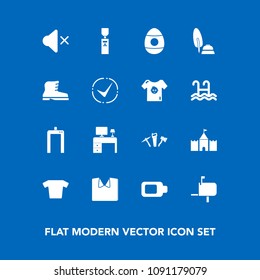 Modern, simple vector icon set on blue background with new, fashion, liquid, leather, spring, office, baby, tower, clothes, energy, mute, scan, xray, business, repair, machine, volume, table icons
