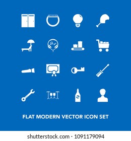Modern, simple vector icon set on blue background with white, repair, diploma, light, idea, hammer, beach, night, work, summer, wrench, award, drink, gadget, liquid, smart, time, home, energy icons
