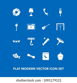 Modern, simple vector icon set on blue background with media, home, brush, league, sea, paint, doughnut, background, bucket, red, ice, lamp, baseball, celebration, drink, table, phone, internet icons