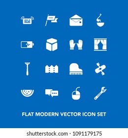 Modern, simple vector icon set on blue background with speech, spoon, notification, electricity, hammer, wrench, technology, battery, meal, kayak, mouse, talk, power, musical, internet, dinner icons