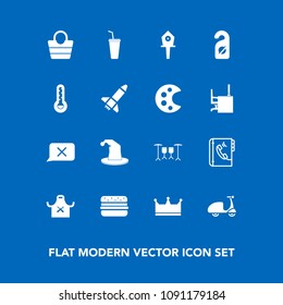Modern, simple vector icon set on blue background with birdhouse, art, king, privacy, palette, crown, leather, thermometer, hotel, sport, phone, bike, spring, motel, house, drawing, bicycle, hat icons