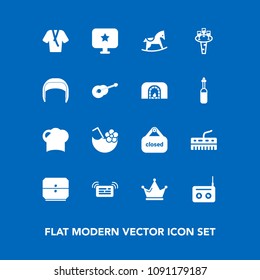 Modern, simple vector icon set on blue background with keyboard, worker, hat, radio, queen, sign, child, store, toy, equipment, food, notification, bathrobe, musical, fire, juice, drawer, work icons