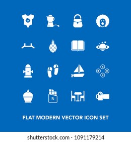Modern, simple vector icon set on blue background with drink, furniture, clothes, fire, breakfast, transportation, holiday, travel, ship, clothing, table, food, photography, photographer, kid icons