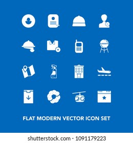 Modern, simple vector icon set on blue background with web, location, real, service, dessert, map, road, transportation, train, airport, white, user, restaurant, building, human, delete, profile icons