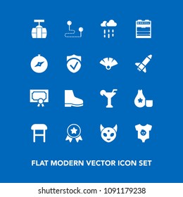 Modern, simple vector icon set on blue background with cuisine, cable, weather, sake, place, armchair, baby, wet, japan, point, clothes, comfortable, clothing, rainy, footwear, rain, travel, map icons