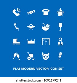 Modern, simple vector icon set on blue background with spaceship, style, handicap, alcohol, wine, door, sign, alien, leather, audio, communication, phone, architecture, sound, lollipop, crown icons