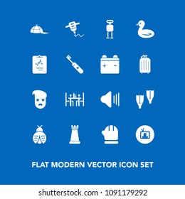 Modern, simple vector icon set on blue background with season, cyborg, scarf, audio, graphic, winter, equipment, sound, cap, chess, cold, technology, butterfly, sport, bug, game, machine, drill icons