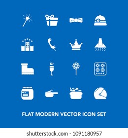 Modern, simple vector icon set on blue background with food, footwear, candy, elegance, hotel, wand, motorbike, leather, tie, rider, dish, dinner, communication, holiday, alcohol, box, style icons
