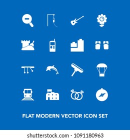 Modern, simple vector icon set on blue background with floral, wedding, diamond, north, phone, white, medical, air, guitar, tower, roller, nature, travel, medicine, wildlife, musical, spring icons