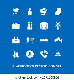 Modern, simple vector icon set on blue background with bbq, sound, sign, package, surveillance, warehouse, bag, meat, call, barbecue, winter, cowboy, camera, box, safety, phone, cooking, west icons