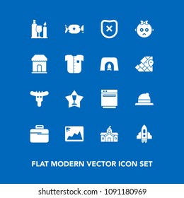 Modern, simple vector icon set on blue background with city, bag, gas, drink, hat, house, security, first, food, headwear, image, business, hotdog, lollipop, style, technology, award, appliance icons