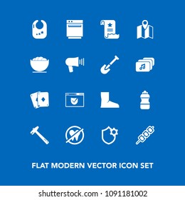 Modern, simple vector icon set on blue background with poker, water, toy, website, wrench, health, file, appliance, pin, healthy, hammer, web, stove, internet, game, boot, baby, tool, dentist icons