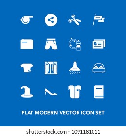 Modern, simple vector icon set on blue background with clothing, equipment, social, white, clothes, kitchen, object, education, window, sign, fashion, cooking, nation, bedroom, female, hat, cut icons