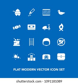 Modern, simple vector icon set on blue background with room, instrument, concept, healthy, office, fire, drum, ladder, lollipop, helmet, belt, worker, sky, sound, dentist, home, food, vacation icons