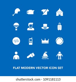 Modern, simple vector icon set on blue background with boy, luggage, man, coffee, male, crown, wind, parachuting, technology, shirt, hat, bird, repair, change, substitute, caffeine, phone, cell icons