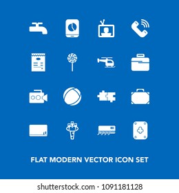 Modern, simple vector icon set on blue background with crane, call, leather, bag, game, business, liquid, equipment, poker, mobile, puzzle, education, wine, menu, blank, camera, play, sweet, tv icons