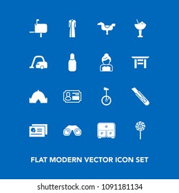 Modern, simple vector icon set on blue background with circus, tent, child, candy, bike, vacuum, equipment, box, post, cocktail, binocular, female, kid, drink, glass, play, sweet, graph, mailbox icons