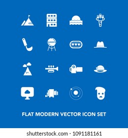 Modern, simple vector icon set on blue background with drink, liquid, sun, hat, photography, graphic, wine, cloud, element, photographer, galaxy, style, retro, house, city, photo, architecture icons