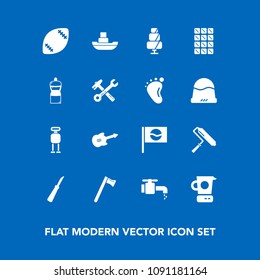 Modern, simple vector icon set on blue background with cake, knife, music, spanner, roller, cyborg, equipment, bathroom, android, travel, vessel, tool, sea, hammer, dessert, sink, musical, water icons