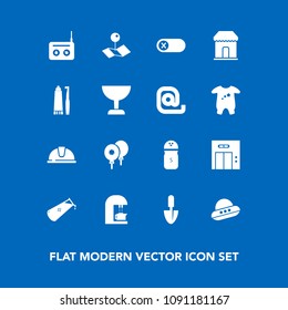 Modern, simple vector icon set on blue background with modern, equipment, location, safety, music, ufo, helmet, caffeine, cafe, deactivate, pepper, chemistry, space, elevator, lift, spice, food icons