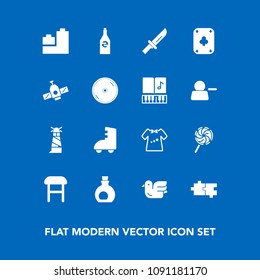 Modern, simple vector icon set on blue background with bottle, ball, animal, white, lighthouse, kid, roller, puzzle, olive, sky, skating, beacon, light, oil, child, food, ocean, home, play, fork icons