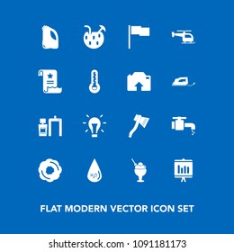 Modern, simple vector icon set on blue background with helicopter, office, axe, cake, photo, annual, flight, summer, can, juice, paper, scan, ice, light, flag, cocktail, tap, drink, report, xray icons