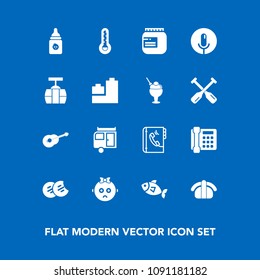 Modern, simple vector icon set on blue background with music, sign, travel, baby, car, kid, microphone, child, snack, book, salmon, food, nutrition, sound, glass, voice, dessert, record, cable icons