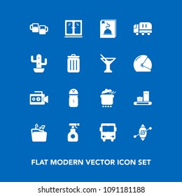 Modern, simple vector icon set on blue background with sprayer, bag, salt, boat, luggage, desert, drink, film, cargo, pub, spray, furniture, file, transportation, pepper, transport, pot, dinner icons