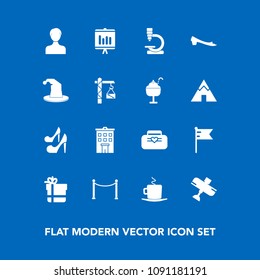 Modern, simple vector icon set on blue background with cup, flight, object, research, fashion, nation, package, building, account, fence, gift, house, biology, business, style, leather, plane icons