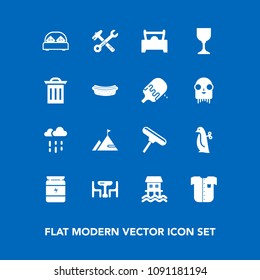 Modern, simple vector icon set on blue background with animal, penguin, home, rainy, food, furniture, clothing, rain, car, equipment, spanner, wrench, paint, children, white, element, hammer icons