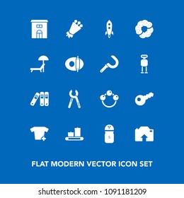 Modern, simple vector icon set on blue background with key, clothes, rocket, spice, travel, tool, real, dessert, baby, fashion, pepper, luggage, bouquet, clothing, rattle, floral, bag, upload icons