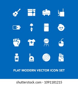 Modern, simple vector icon set on blue background with box, barbecue, technology, heater, food, equipment, grill, guitar, people, scan, young, kid, mouse, machine, communication, meat, gift, bbq icons