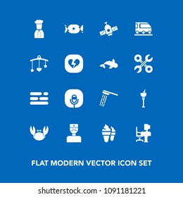 Modern, simple vector icon set on blue background with lollipop, vehicle, wine, radio, desk, fresh, alcohol, cream, layout, restaurant, bath, medical, space, sea, chief, toy, planet, ice, music icons