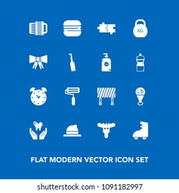 Modern, simple vector icon set on blue background with sausage, sign, watch, hour, healthy, accordion, road, alarm, white, clock, meat, dinner, fashion, suit, roller, burger, hat, sport, snack icons