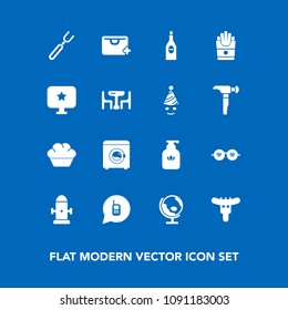 Modern, simple vector icon set on blue background with map, sale, food, fire, sausage, wash, bottle, planet, dessert, communication, bag, knife, clean, machine, phone, globe, restaurant, soap icons