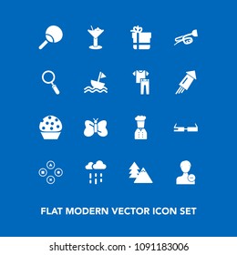 Modern, simple vector icon set on blue background with forest, modern, account, drink, game, user, computer, nature, tree, technology, bow, cake, smart, table, rainy, sport, weather, food, box icons