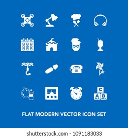 Modern, simple vector icon set on blue background with restaurant, equipment, calendar, fashion, time, blossom, modern, broom, alarm, control, chief, hour, toy, music, play, flower, child, watch icons