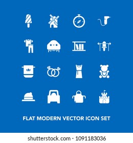 Modern, simple vector icon set on blue background with food, energy, teddy, map, bathroom, summer, compass, dessert, cloth, fruit, cotton, fluffy, white, ring, romance, engagement, fashion, car icons
