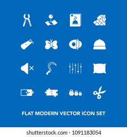 Modern, simple vector icon set on blue background with bed, garden, volume, full, service, butterfly, nature, pointer, mute, battery, chemical, map, home, industrial, weight, puzzle, menu, atlas icons