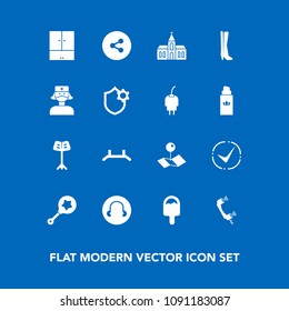 Modern, simple vector icon set on blue background with fashion, map, pointer, icecream, location, nurse, architecture, phone, toy, media, medical, sign, power, baby, button, music, security, pin icons