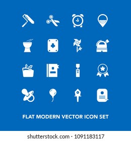 Modern, simple vector icon set on blue background with winner, telephone, child, achievement, time, cut, job, location, award, watch, infant, music, decoration, baby, birdhouse, birthday, paint icons