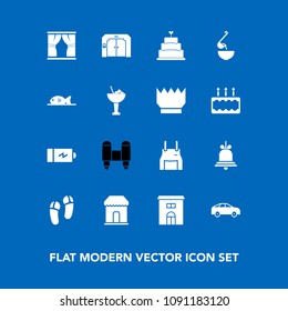 Modern, simple vector icon set on blue background with sweet, notification, estate, pie, soup, highway, cake, left, space, food, real, sale, cook, building, apron, curtain, footwear, slipper icons